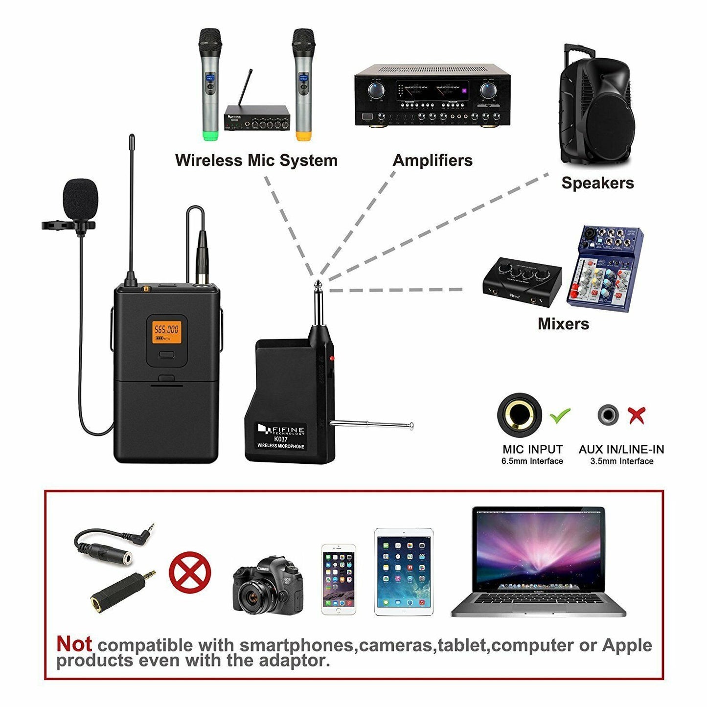 Fifine 20-Channel UHF Wireless Lavalier Lapel Microphone System with Bodypack